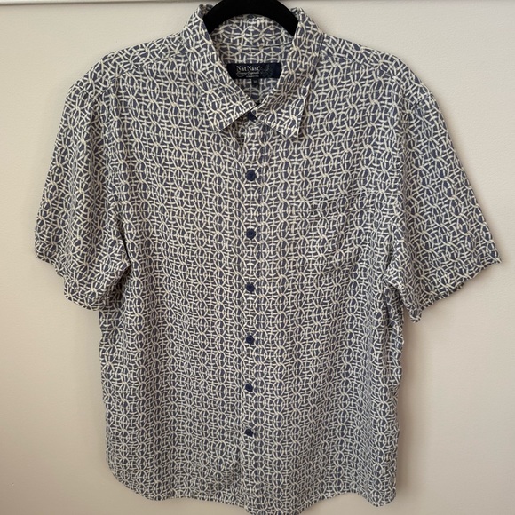 Nat Nast Basketweave Print Silk Blend Button Up Shirt Blue Ivory Short Sleeve M - Picture 1 of 9